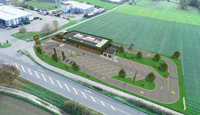 Grafische Ansicht der geplanten Filiale von McDonalds in Eppingen. links angrenzend: Das Mercedes-Autohaus samt T&Uuml;V.
DCIM\100MEDIA\DJI_0002.JPG