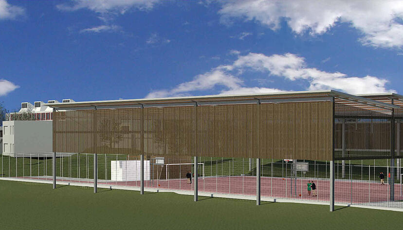 Statt nur bei gutem Wetter kann nach der Einhausung 2025 das Realschulspielfeld ganzjährig genutzt werden. Statt nur bei gutem Wetter kann nach der Einhausung 2025 das Realschulspielfeld ganzjährig genutzt werden.