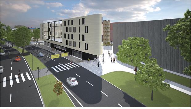 In dem fünfgeschossigen Gebäude direkt an der Mannheimer Straße sollen rund 140 Zimmer sowie Tagungsräume und Gastronomie untergebracht werden. Computersimulation: PSP Architekten Ingenieuere