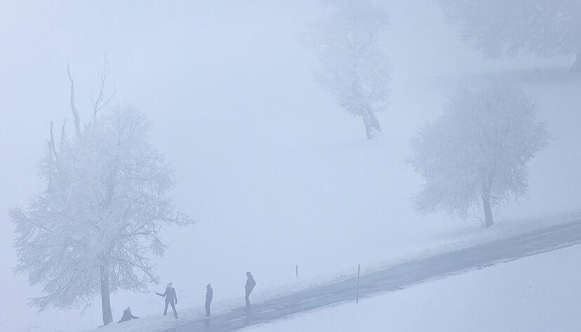 Menschen stehen im Nebel nahe dem Gipfel des Schauinsland auf einer Straße. Menschen stehen im Nebel nahe dem Gipfel des Schauinsland auf einer Straße.