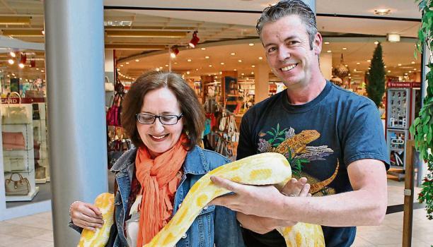 Manuela Winkler traut sich und lässt sich von Oliver Schönrock einen Tigerpython umhängen.Foto: Hartmut Müller