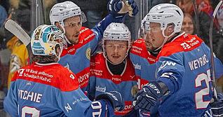 Schon früh durften die Heilbronner Falken Tore gegen die Tigers Bayreuth bejubeln. Hier feiern sie Calder Anderson (Mitte) nach seinem Überzahl-Treffer zum 1:0.
Foto: Christiana Kunz