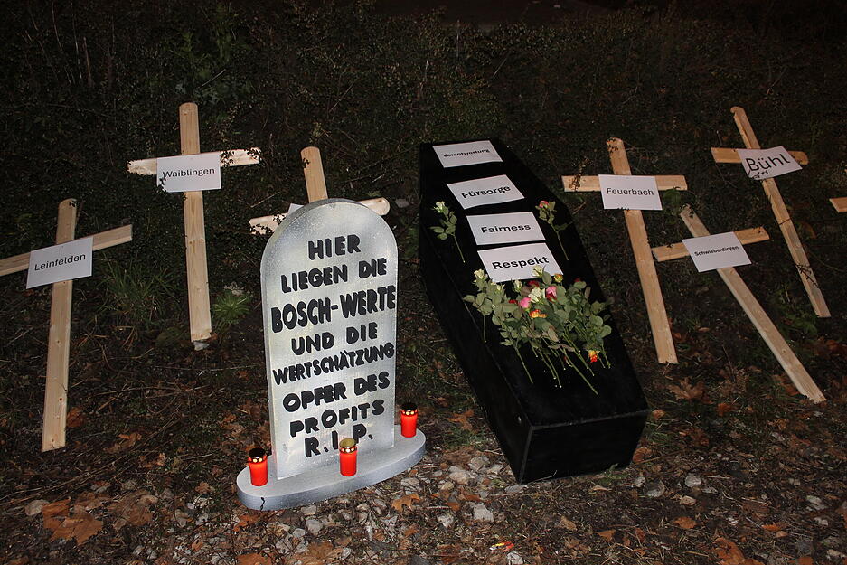 Mahnwache vor Werkstor: Beschäftigte setzen ein starkes Zeichen gegen Stellenabbau. Sarg und Grabstein verdeutlichen die Kritik am Sparkurs des Unternehmens. Mahnwache vor Werkstor: Beschäftigte setzen ein starkes Zeichen gegen Stellenabbau. Sarg und Grabstein verdeutlichen die Kritik am Sparkurs des Unternehmens.