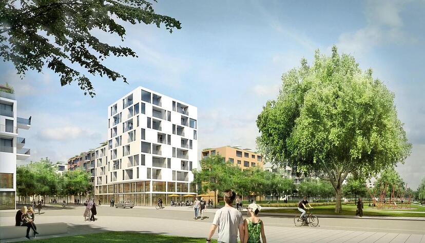60 Mietwohnungen, gut ein Drittel davon gefördert, sollen in dem neunstöckigen Holzhybridbau der Stadtsiedlung entstehen. Visualisierung: Kaden & Lager