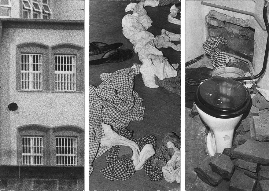Ausbruchsversuch im Jahr 1972. Mit Eisenteilen graben Häftlinge hinter der Toilette ein Loch in die Mauer. Seile aus Bettlaken liegen zur Flucht bereit. Ausbruchsversuch im Jahr 1972. Mit Eisenteilen graben Häftlinge hinter der Toilette ein Loch in die Mauer. Seile aus Bettlaken liegen zur Flucht bereit.