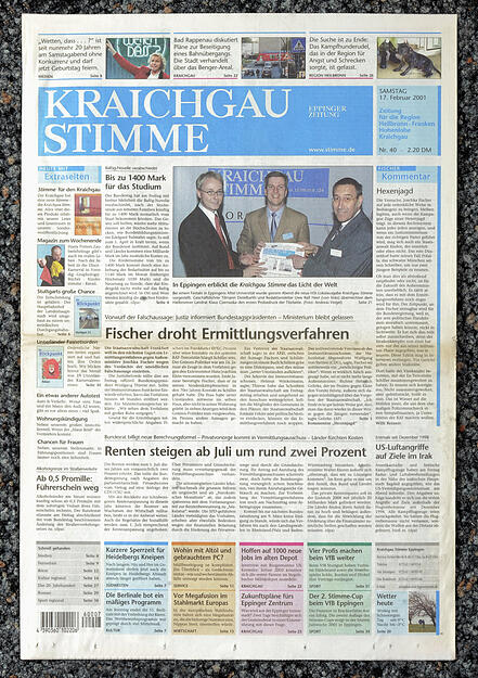 So sah die Titelseite der Kraichgau Stimme vom 17.2.2001 aus.