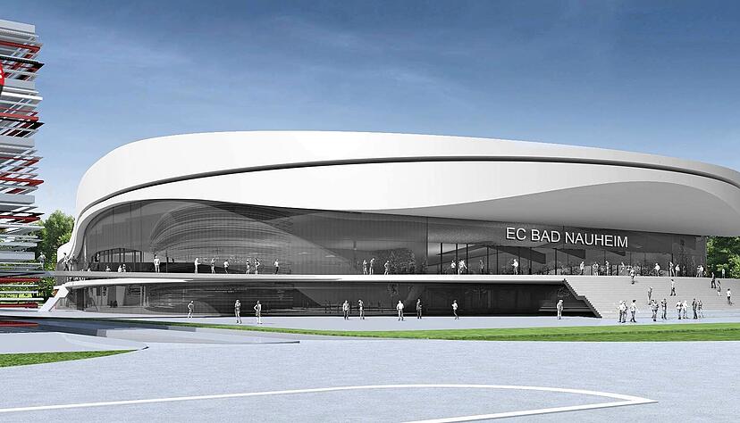 So sieht der Entwurf für die neue Eishalle des EC Bad Nauheim mit einem Fassungsvermögen von 4500 Zuschauern aus. Einen ähnlichen Neubau würden sich die Falken-Gesellschafter in Heilbronn wünschen. 
Visualisierung: BLFP PLANUNGS GMBH © pv