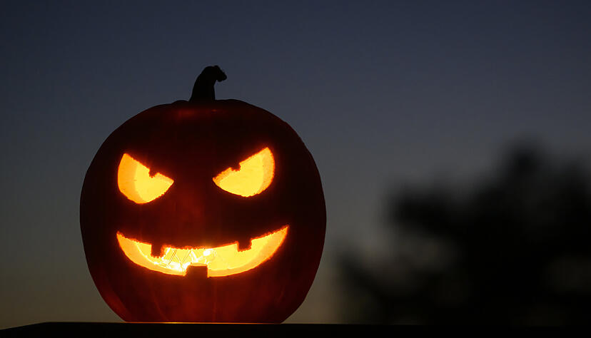 Als Halloween-Dekoration steht ein ausgehöhlter, beleuchteter Kürbis mit einem geschnitzten grinsenden Gesicht in einem Garten.