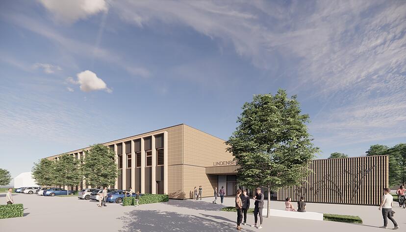 So soll die Sport- und Veranstaltungshalle sp&auml;ter einmal aussehen. Im kleineren Bau sollen R&auml;ume f&uuml;r die VHS entstehen.
