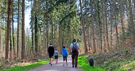 Valentin, Gabriel, Karolina, Barbara Huber und ihr Jagdhund Putin gehen am Schweinshag auf Entdeckertour. An sieben Standorten im Landkreis Heilbronn hat das Waldnetzwerk Spazierg&auml;nge mit jeweils acht Stationen ausgewiesen.
Fotos: Plapp-Schirmer