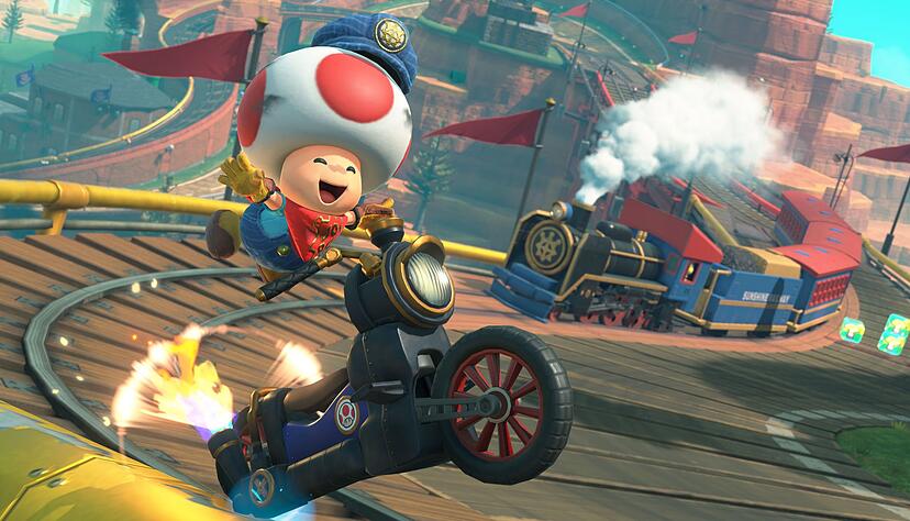 Süßer Pilz auf Dampfmotorrad: Toad im Rennen in «Mario Kart World». Süßer Pilz auf Dampfmotorrad: Toad im Rennen in «Mario Kart World».
