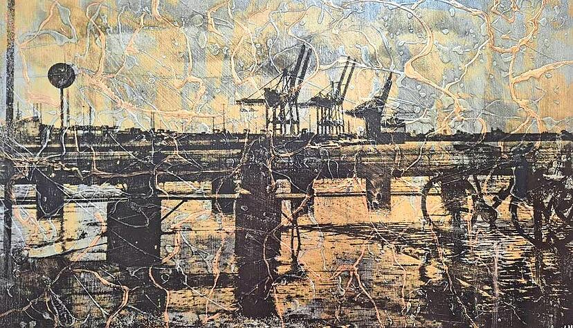 Fotografie und Malerei von Eckhard Voth &ndash; hier: &bdquo;Blick vom Schellfischposten auf den Hamburger Hafen&ldquo; &ndash; sind am Wochenende in der Zigarre in Heilbronn zu entdecken.