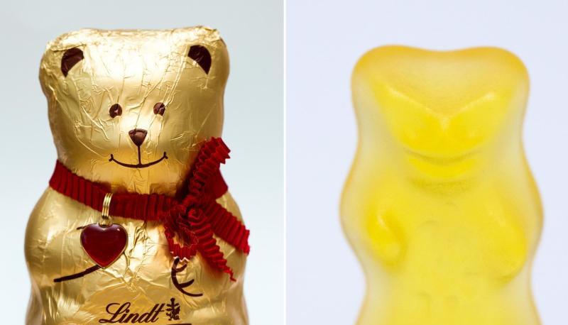 Haribo-Gummibär «Goldbär» (r) und Schokoladenbär von Lindt. Der BGH muss im Goldbärenstreit urteilen. Foto: Rolf Vennenbernd
