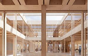 Die Innenraumgestaltung sieht eine Mischung aus kooperativen R&auml;umen und stillen Arbeitspl&auml;tzen vor. Viel Holz und Glas sollen die Struktur transparent wirken lassen.