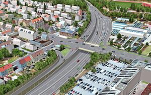So stellen sich Planer die Anschlussstelle Binswanger Straße vor. In der Kritik steht die Größe. Auch an der Leistungsfähigkeit wird gezweifelt. Visualisierung: Stadt Neckarsulm So stellen sich Planer die Anschlussstelle Binswanger Straße vor. In der Kritik steht die Größe. Auch an der Leistungsfähigkeit wird gezweifelt. Visualisierung: Stadt Neckarsulm