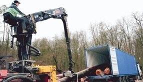 Mit dem mobilen Kran l&auml;dt Andreas Reinfurt die Buchenst&auml;mme auf dem Holzlagerplatz in Container f&uuml;r ihren Transport nach Japan und China.Foto: D&ouml;ttling