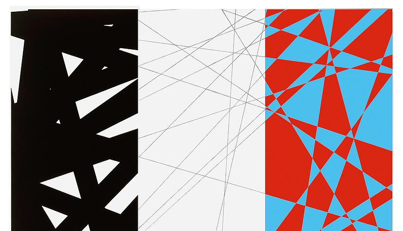 Anspielungsreicher Titel: „Striptyque n°1“, 2005, Acryl und Kreide auf Leinwand auf Holz, drei Meter auf drei Meter. Anspielungsreicher Titel: „Striptyque n°1“, 2005, Acryl und Kreide auf Leinwand auf Holz, drei Meter auf drei Meter.