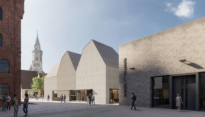 Wie sich der Würth-Neubau mit seinen Giebeldächern nach Plänen von Henning Larsen Architects München in den Bestand fügt, zeigt diese Visualisierung.