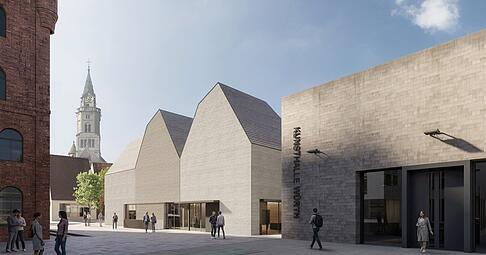 Wie sich der Würth-Neubau mit seinen Giebeldächern nach Plänen von Henning Larsen Architects München in den Bestand fügt, zeigt diese Visualisierung. Wie sich der Würth-Neubau mit seinen Giebeldächern nach Plänen von Henning Larsen Architects München in den Bestand fügt, zeigt diese Visualisierung.