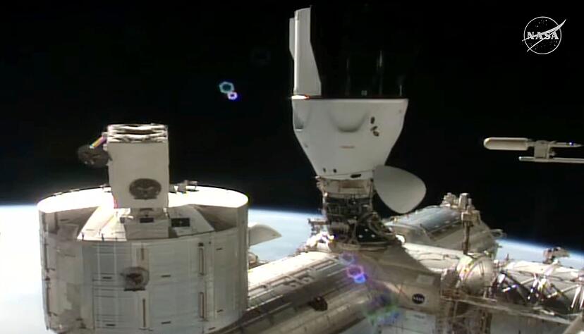 Dies Bild zeigt die an die Internationale Raumstation (ISS) angedockte SpaceX-Kapsel (hinten), mit «Crew 11» an Bord. Dies Bild zeigt die an die Internationale Raumstation (ISS) angedockte SpaceX-Kapsel (hinten), mit «Crew 11» an Bord.