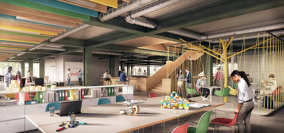 Visualisierungen des neuen Geb&auml;udes der Campus Founders auf dem BIldungscampus, das bis Ende 2022 fertiggestellt werden soll