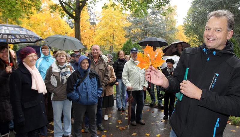 Zeigt ein auch bei Nieselregen orangefarben schillerndes Blatt des Spitzahorns: Friedh&ouml;fe-Abteilungsleiter Martin Heier bei der F&uuml;hrung mit rund 50 G&auml;sten.