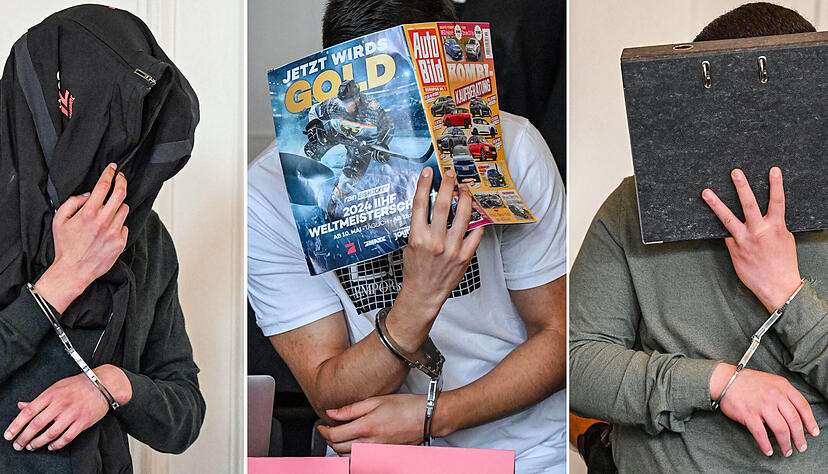 Die drei Angeklagten in einem Geldräuberprozess sitzen im Landgericht Karlsruhe vor Beginn der Verhandlung im Schwurgerichtssaal. Sie hatten in Wiernsheim einen Geldautomaten gesprengt und anschließend einen Mann bei der Verfolgungsjagd getötet. Die drei Angeklagten in einem Geldräuberprozess sitzen im Landgericht Karlsruhe vor Beginn der Verhandlung im Schwurgerichtssaal. Sie hatten in Wiernsheim einen Geldautomaten gesprengt und anschließend einen Mann bei der Verfolgungsjagd getötet.