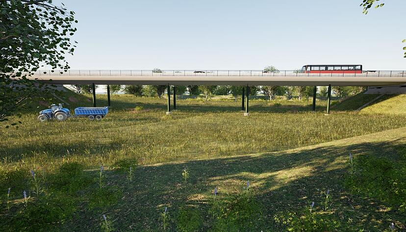 Die Visualisierung zeigt die Talbr&uuml;cke W&auml;chteles&auml;cker, die im ersten Bauabschnitt der Nordumfahrung zwischen Neckartalstra&szlig;e und B&ouml;llinger H&ouml;fe als Sonderbauwerk errichtet wird.