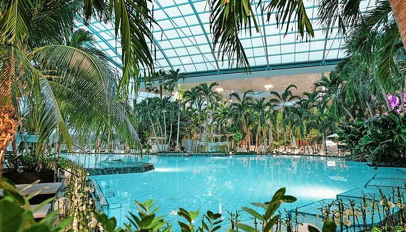 Südsee-Flair herrscht dank riesiger Palmen und türkisfarbenen Pools in der Badewelt Sinsheim.