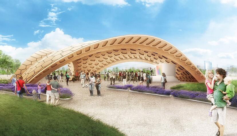 Die einzelnen Segmente des Holzpavillons für die Buga werden erstmals als sogenannte hohle Kassetten gefertigt. Der Pavillon wird aus 400 solcher Holz-Kassetten bestehen. Visualisierung: ICD/ITKE