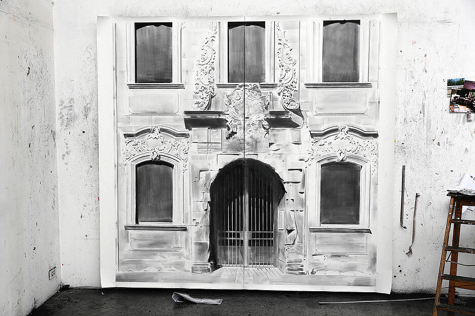 Yves Bélorgey, Ehrenhalle, Heilbronn, Juli / August 2019, Graphit auf Papier, 240 x 240 cm