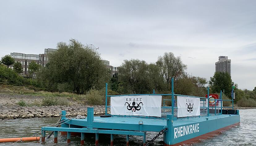 Die M&uuml;llfalle &ndash; genannt "Rheinkrake" &ndash; schwimmt an ihrer Position auf dem Rhein in K&ouml;ln. (Archivbild)