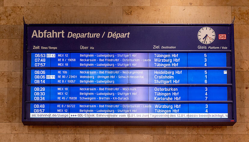 Anzeigentafel im Heilbronner Hauptbahnhof: Der Lokführerstreik führte im Regionalverkehr am Mittwochmorgen kaum zu Störungen.