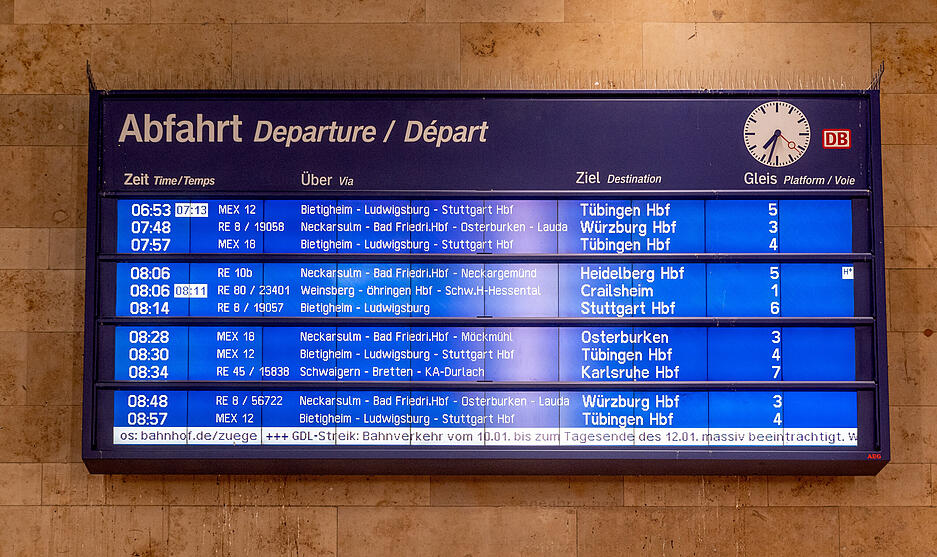 Anzeigentafel im Heilbronner Hauptbahnhof: Der Lokführerstreik führte im Regionalverkehr am Mittwochmorgen kaum zu Störungen.