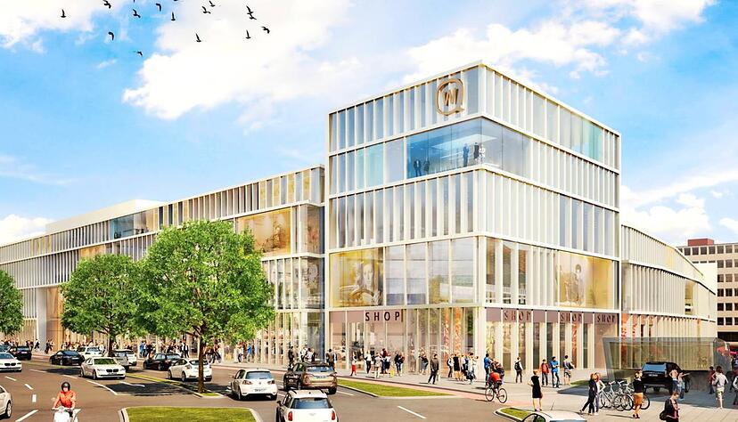 Den Busbahnhof wollen sie bebauen und mit dem Neubau nahe an die Allee rücken. Das tatsächliche Aussehen wird erst in einem Architekturwettbewerb festgelegt. Illustration: ECE