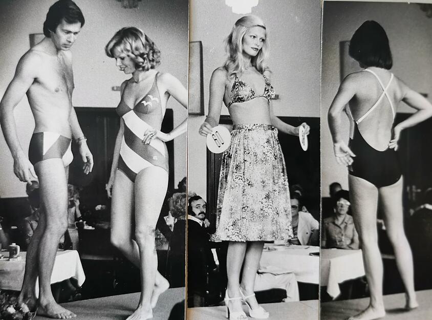 Elastische kurze  Badeshorts, Badeanzüge mit gekreuzten Bändern im Rücken bei der Intersport-Modenschau 1975.