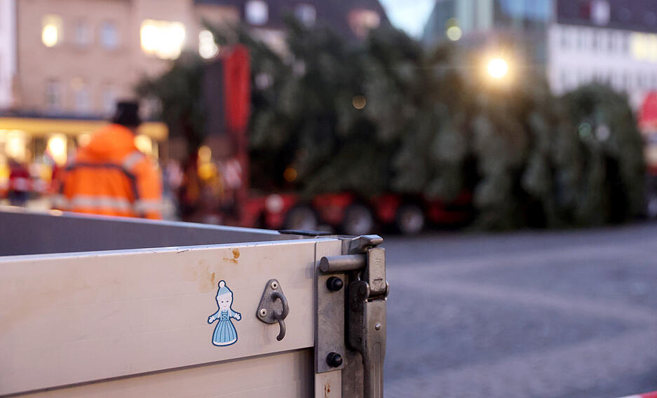 Der Weihnachtsbaum auf dem Heilbronner Marktplatz ist 16 Meter lang und 47 Jahre alt. Es handelt sich um eine Spende aus Ilsfeld.