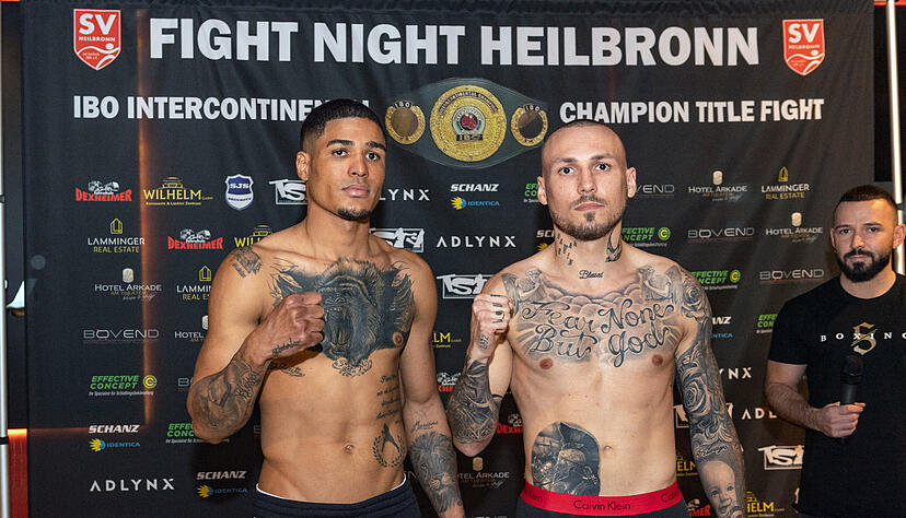 Fast gleichalt, fast gleich schwer, fast gleichviel t&auml;towiert: Die Voraussetzungen f&uuml;r ein spannendes Duell um den IBO- Intercontinental-Titel zwischen Slawa Spomer (re.) und Jose Gregorio Suero stimmen.