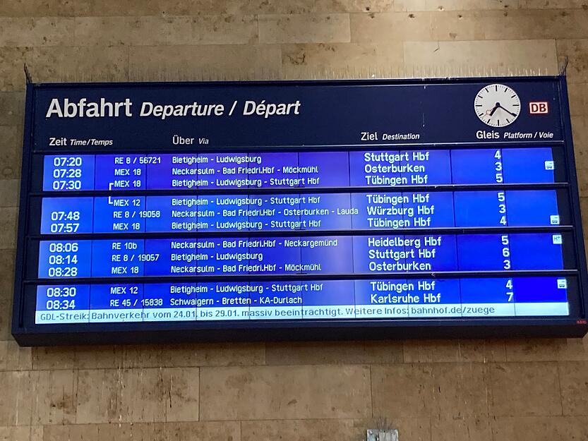 Der Streik hat auch in Heilbronn massive Auswirkungen auf den Fahrplan der Fern- und Regionalzüge.
