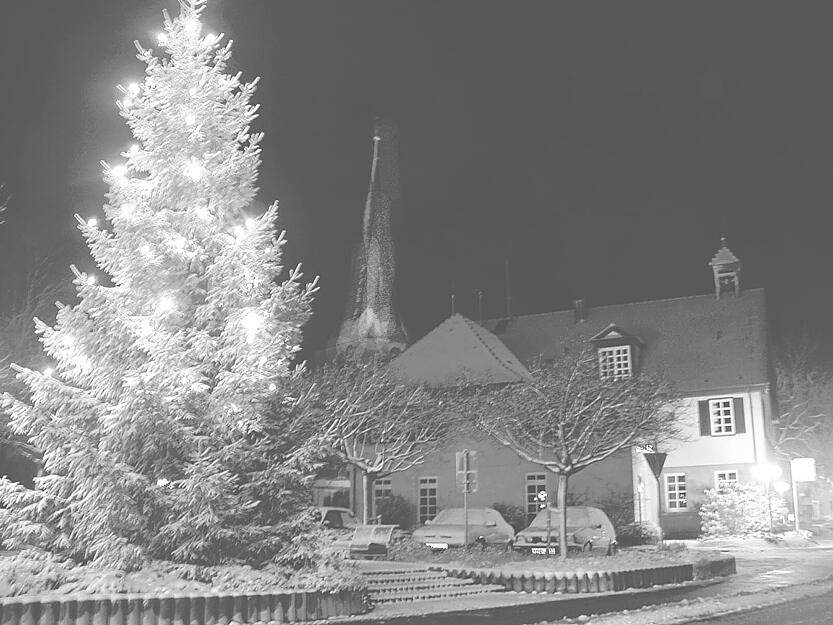 Auch 2003 brachte genug Schnee, um dem Weihnachtsbaum vor dem Rathaus in Ellhofen einen wahren Adventszauber zu verleihen.