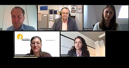 Diskutieren über die Situation an Schulen (von links oben im Uhrzeigersinn): Simon Gajer, Harald Schröder, Jana Gleich, Tanja Ochs, Zarah Abendschön-Sawall. Screenshot: Stimme