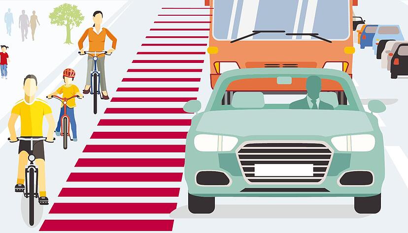 Der stilisierte Abstand zwischen Fahrradfahrern und motorisierten Verkehrsteilnehmern. Der stilisierte Abstand zwischen Fahrradfahrern und motorisierten Verkehrsteilnehmern.