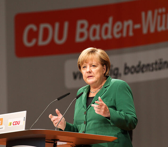 Angela Merkel spricht beim CDU-Landesparteitag in der Heilbronner Harmonie. Aufnahme aus dem Jahr 2013.