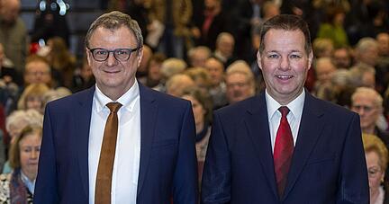 Stefan Thoma und Lutz Ronneburg k&auml;mpfen um das Amt des B&uuml;rgermeisters in Weinsberg. Foto: Mario Berger