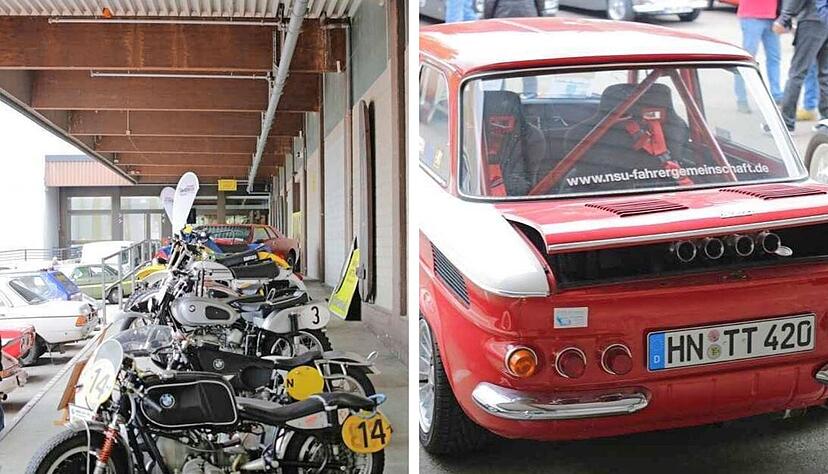 Eine Auswahl historischer Motorr&auml;der und ein NSU TT (rechts) aus der Epoche Ende 1960/Anfang 1970 &ndash; solche Fahrzeuge gibt es zu entdecken.