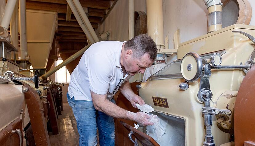 Klaus Oettinger pr&uuml;ft die Qualit&auml;t des Mehls. Das Getreide liefern Landwirte aus der Umgebung. Gelagert wird das Korn in sieben Silos und 15 Innenzellen.