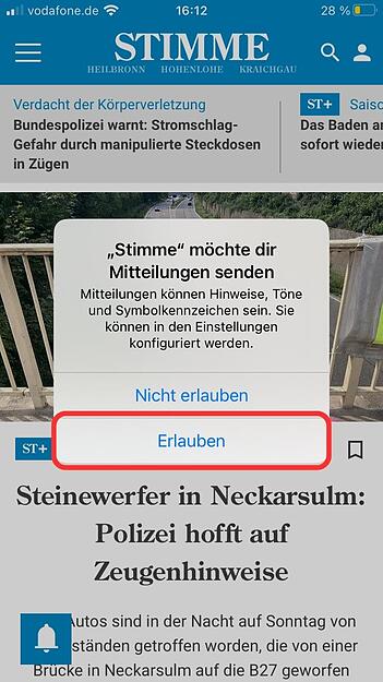 10.	Es erscheint eine weitere Meldung. Hier wählen Sie "Erlauben" aus. Nun erhalten Sie Stimme-Push-Benachrichtigungen.