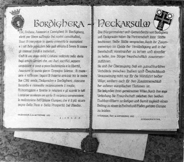Am 14.9.1993 wird die Partnerschaftsurkunde
mit der italienischen Stadt Bordighera an der Blumenriviera unterzeichnet.