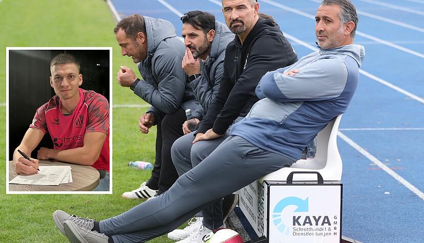 Chefcoach Markus Lang (von links), Co-Trainer Hüseyin Kandazoglu,, Teammanager Zdenko Juric und Klubchef Onur Celik verkünden mit Roman Kasiar den vierten Winterpausen-Neuzugang des VfR Heilbrpnn. Chefcoach Markus Lang (von links), Co-Trainer Hüseyin Kandazoglu,, Teammanager Zdenko Juric und Klubchef Onur Celik verkünden mit Roman Kasiar den vierten Winterpausen-Neuzugang des VfR Heilbrpnn.