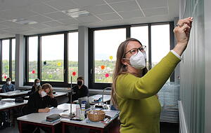 Zurück in der Schule: Die Siebener des Jagsttal-Gymnasiums Möckmühl haben wieder Präsenzunterricht. Foto: Simon Gajer Zurück in der Schule: Die Siebener des Jagsttal-Gymnasiums Möckmühl haben wieder Präsenzunterricht. Foto: Simon Gajer